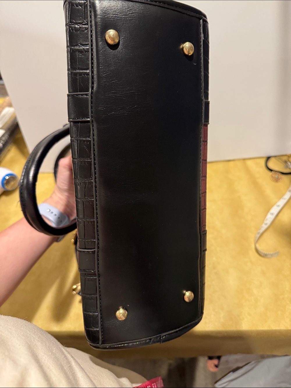 Croc-Embossed Black and Burgundy Satchel with Gold Accent Matching Billfold - Picture 13 of 14